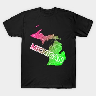 Colorful mandala art map of Michigan with text in pink and green T-Shirt